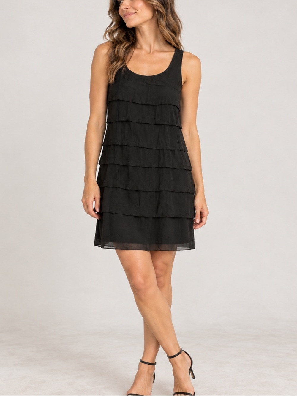 Eileen Fisher Black 100% Silk Tiered Dress M Sleeveless Lined Minimalist